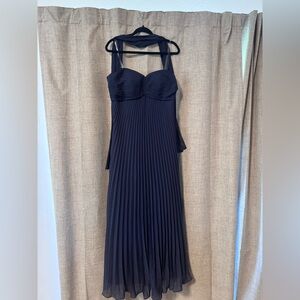 Women's Navy Halter Pleated Evening Dress